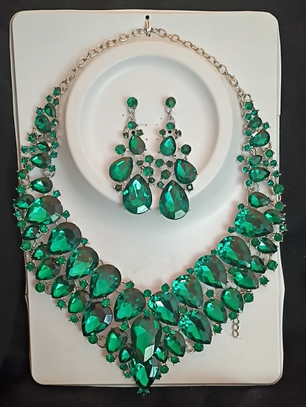 Emerald Green Teardrop Statement Necklace & Earring Set